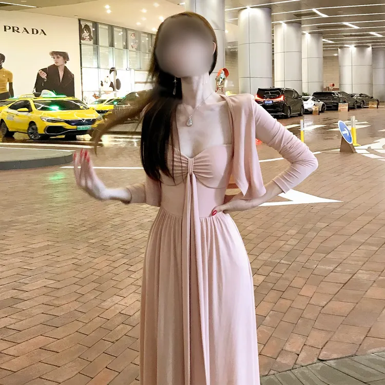 纯欲风套装粉色长袖开衫女2025早秋季新款绑带性感吊带连衣裙套装