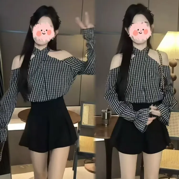 氛围感洋气气质长袖挂脖交叉V领露肩格子衬衫半身裙两件套装裙女