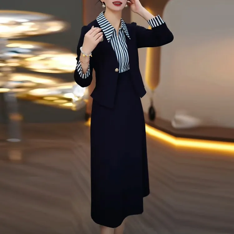 梭织精纺假两件拼接条纹连衣裙2025春季新款轻奢显瘦长袖套装裙子