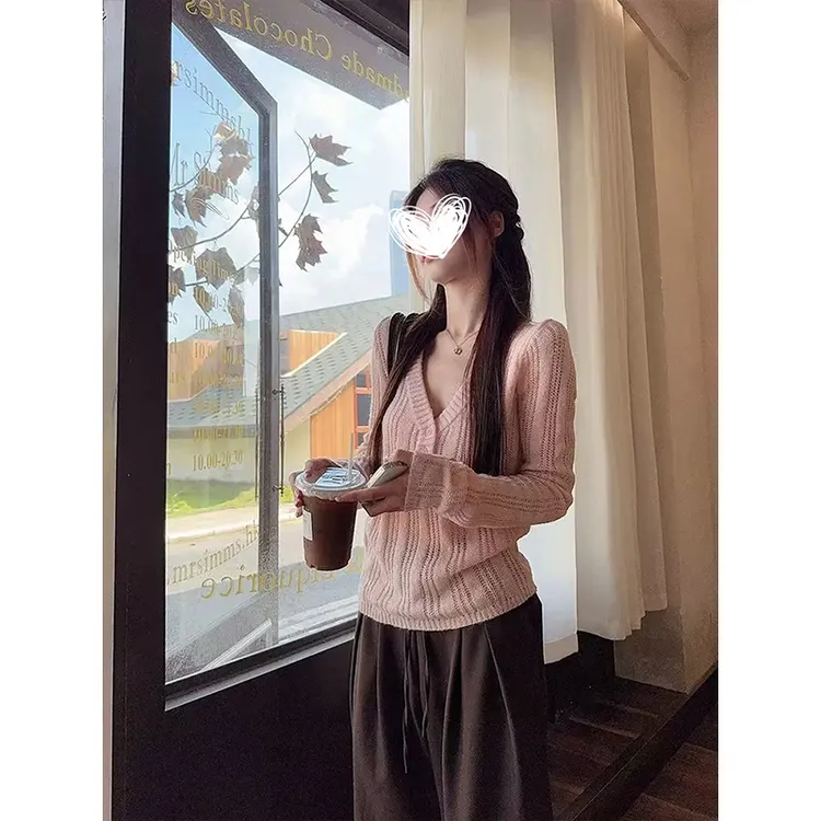 韩系甜美粉色V领长袖针织衫修身显瘦上衣女