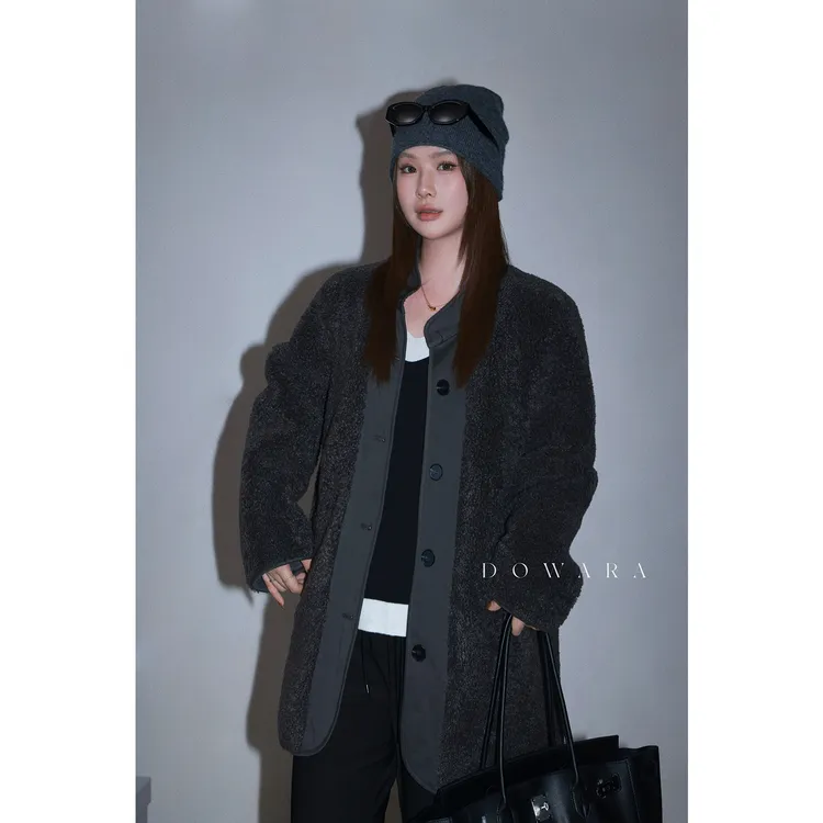 大婉酱微胖定制韩系设计感慵懒风气质外套冬季毛毛一体上衣1162D 