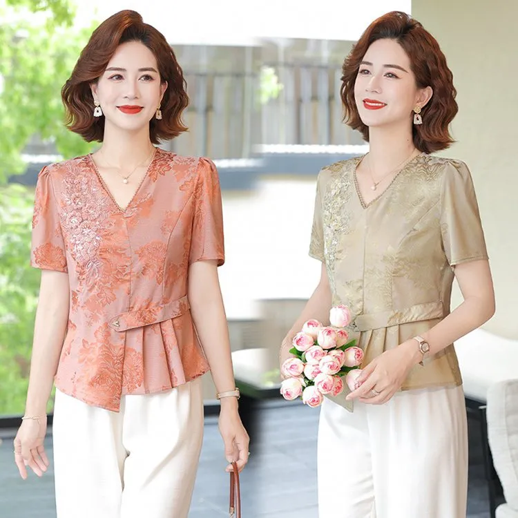 母亲节专享中年妈妈断面提花高档妈妈套装显瘦遮肉百搭时尚洋气