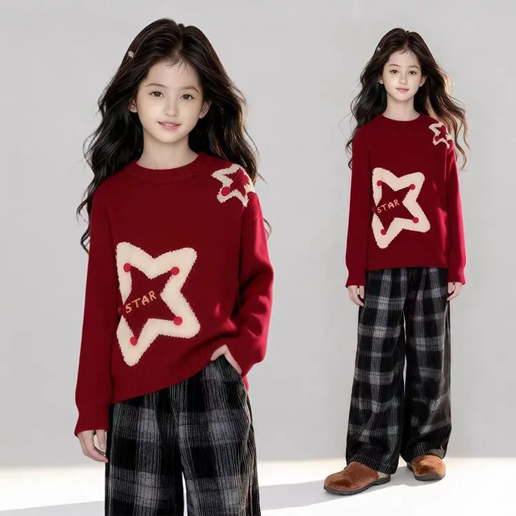 女童毛衣2025冬装韩系新款红色时尚洋气潮星星印花拜年服冬季上衣