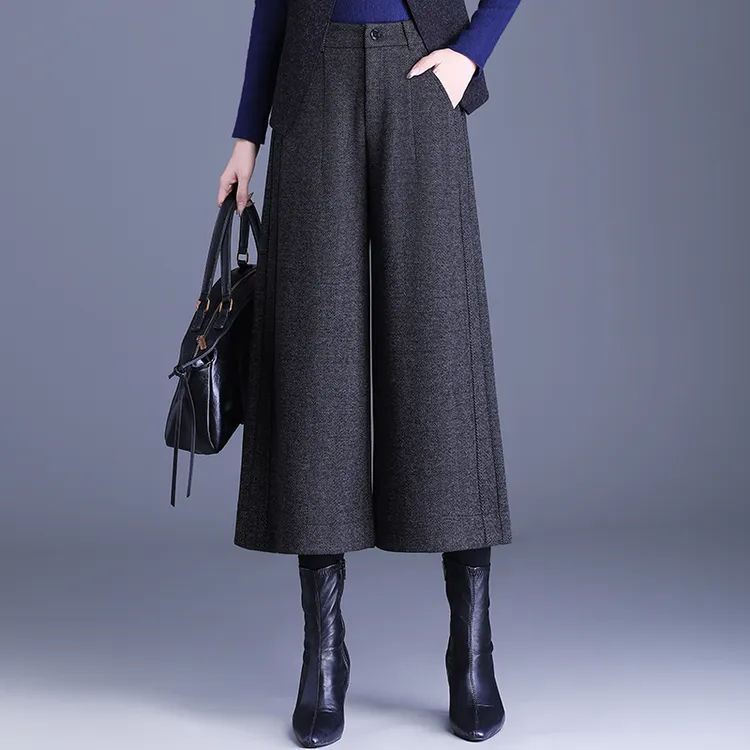 气质宽松加厚毛呢阔腿裤女秋冬2025新款高腰遮肉显瘦休闲八分裙裤