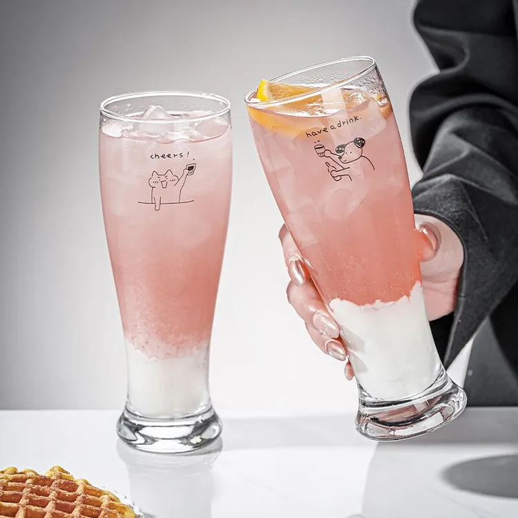 【买一送一】原创可爱啤酒杯玻璃杯大容量家用喝杯果汁饮料冰咖啡杯