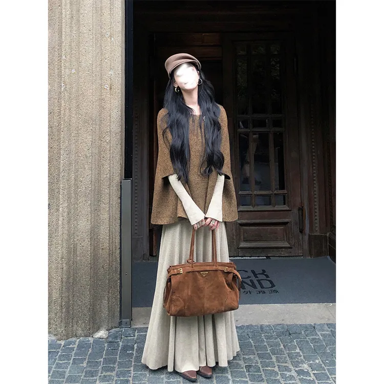 parkyeon秋冬新款韩系斗篷披肩外套上衣叠穿软糯针织连衣裙套装