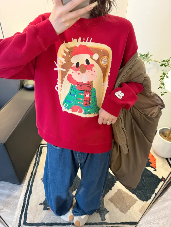 眼镜大耳朵兔（无感印花）~小羊纸袋宽松显瘦加厚毛圈圆领卫衣6329