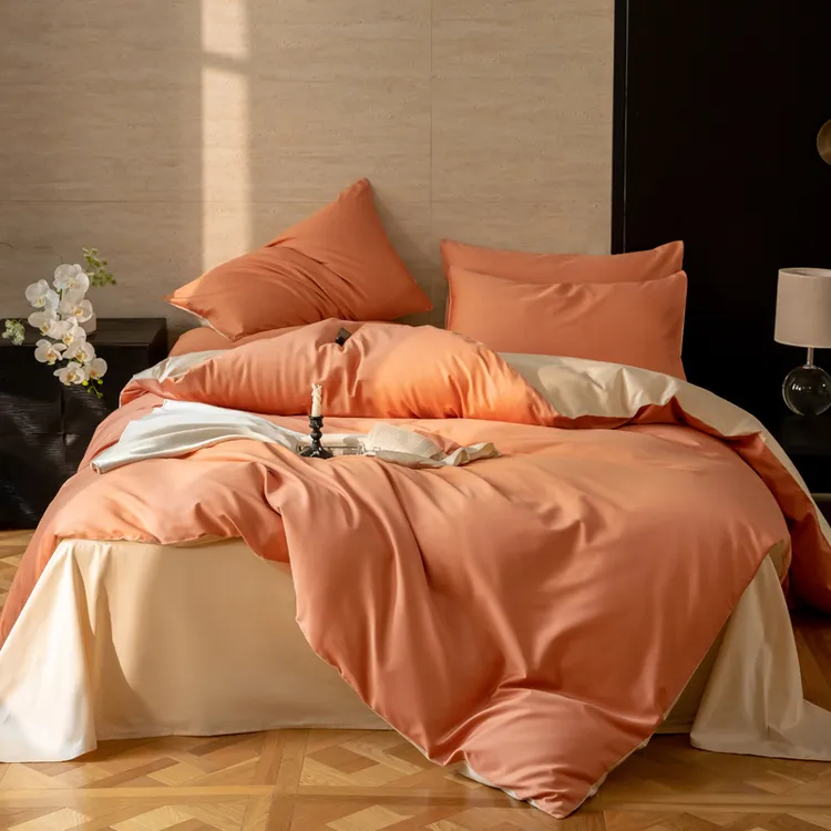 纯正高端100支长绒棉贡缎磨毛纯色双拼轻奢四件套简约丝滑素色
