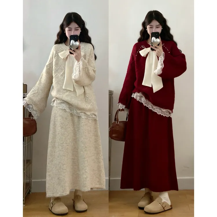 MO88ZSPF大码女装秋冬慵懒风钉珠蝴蝶结蕾丝拼接毛衣半身裙两件套