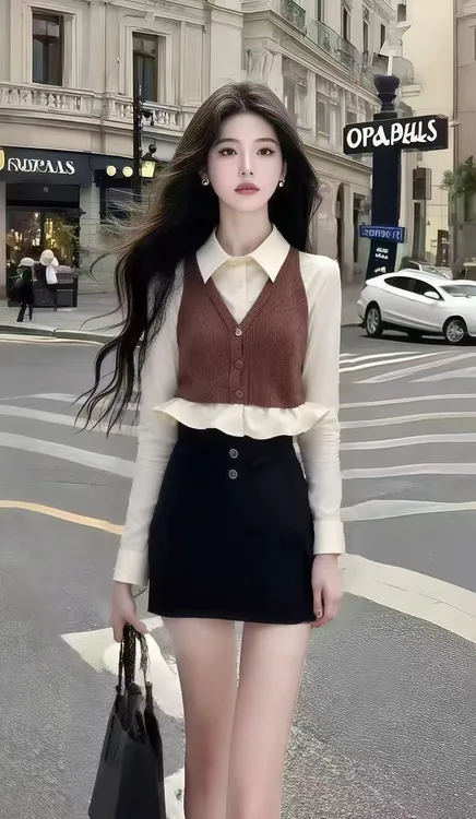 韩版小众高级设计感女装杏色长袖修身短款衬衫上衣两件套时尚显瘦