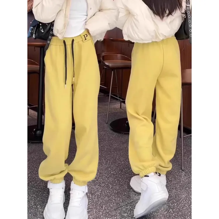 黄色束脚运动裤宽松慵懒风卫裤女春秋季2025新款加绒加厚休闲裤子