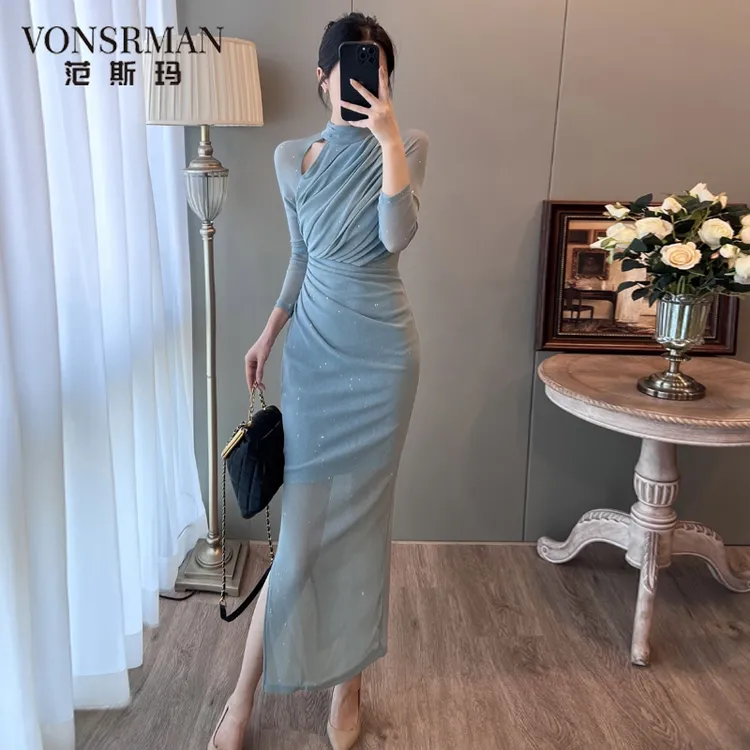 法式复古修身设计感褶皱网纱包臀连衣裙气质名媛高端女神范高级感