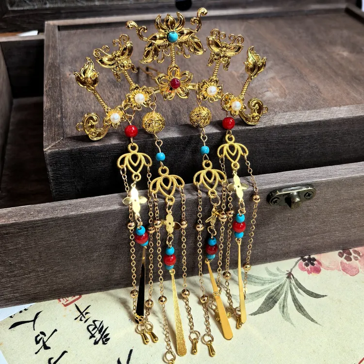 原创手工仿唐簪花仕女图流苏发簪金蝴蝶发钗唐代汉服发饰金色发簪