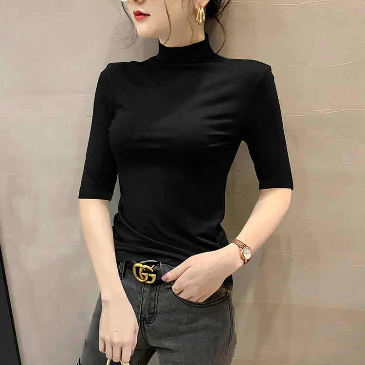 黑色莫代尔半高领中袖T恤女秋季2025新款爆款五分袖正肩冰丝薄款