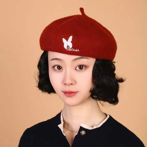 秋冬帽子假发一体毛呢刺绣蝴蝶贝雷帽女时尚短卷发减龄假发套女