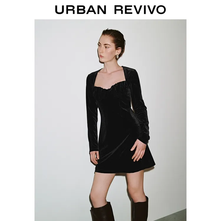 UR2025秋季新款女装魅力气质丝绒褶皱超短款连衣裙UWG750240+