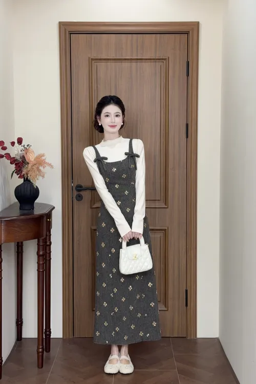LiLi李李家【格林日记】法式千金感假两件灰色拼接连衣裙XMZH11051