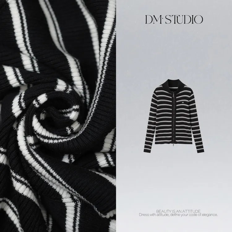 DEDM•STUDIO/气质减龄慵懒针织百搭立领拉链条纹开衫2601ZZS/6615