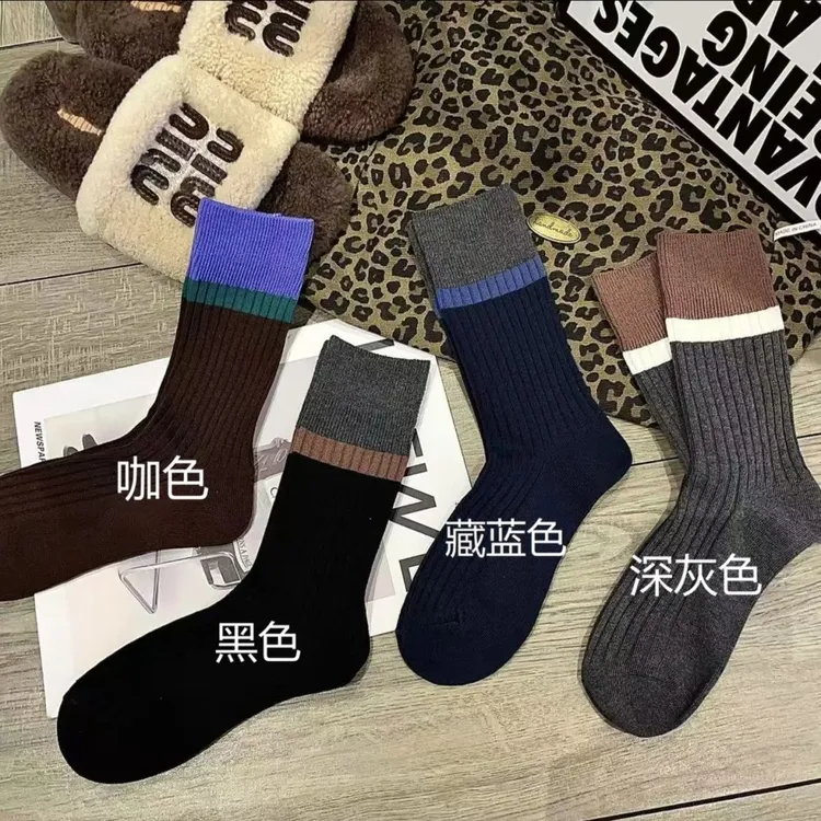 秋冬款复古撞色条纹中筒堆堆袜女款保暖美腿休闲