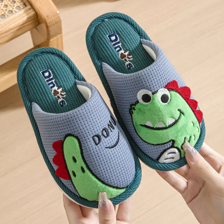 儿童棉拖鞋男童宝宝秋冬季居家小男孩室内防滑卡通恐龙包头布拖鞋