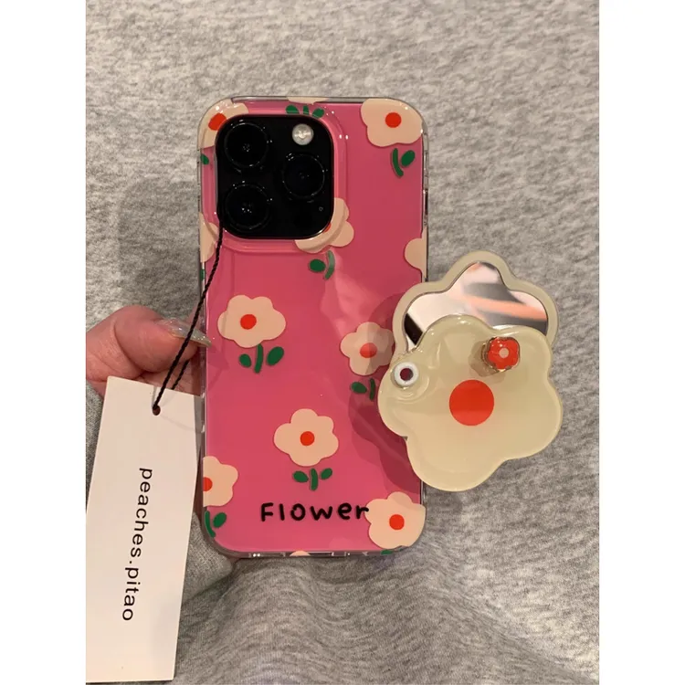 ins玫红小花朵镜子适用苹果16Promax手机壳vivo华为oppo小米15女
