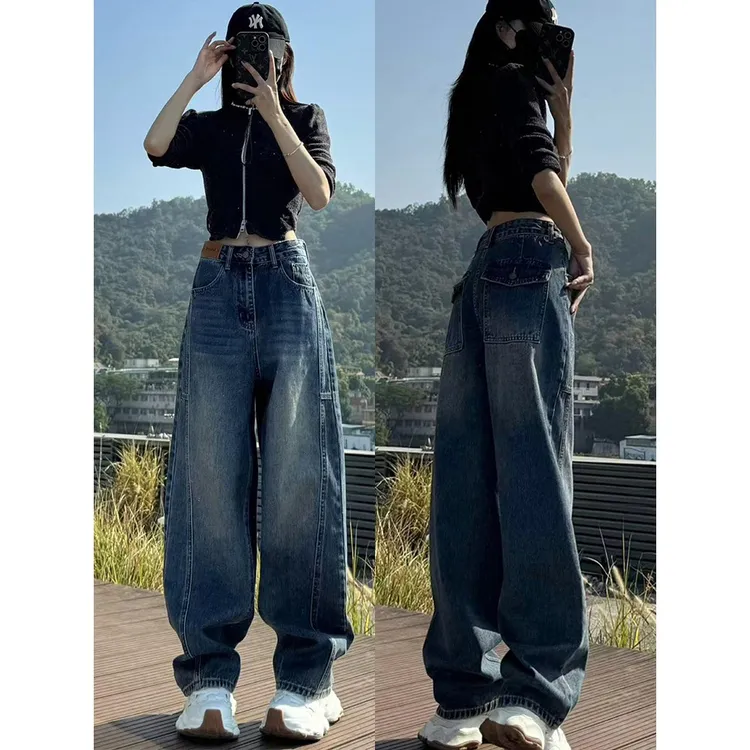 美式复古蓝弯刀工装牛仔裤女2025款 季高腰哈伦萝卜镰刀阔腿裤子
