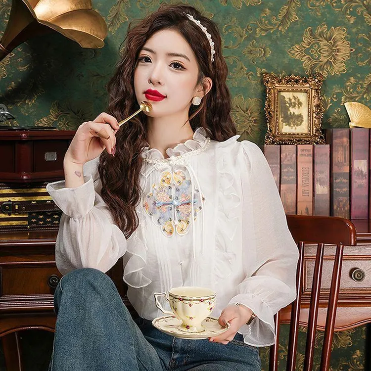 荷叶边雪纺衬衫春装女2024年新款新中式国风小衫气质盘扣早春上衣