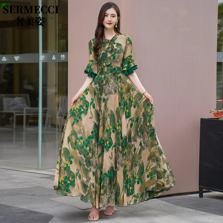 超长连衣裙女到脚踝 V领轻奢碎花长裙显瘦气质大摆墨绿色海边度假