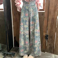 现货【一生罗曼】法式设计感印花高腰显瘦阔腿长裤K756