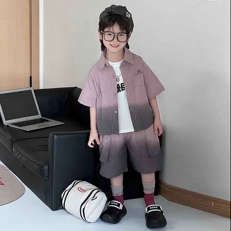男童衬衫套装夏季新款韩版渐变短袖衬衣短裤儿童痞帅休闲三件套潮