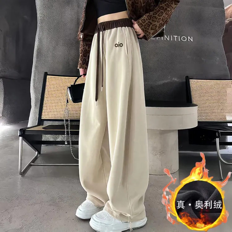 加绒加厚刺绣拼接美式休闲卫裤高腰直筒宽松百搭弯刀裤H2555