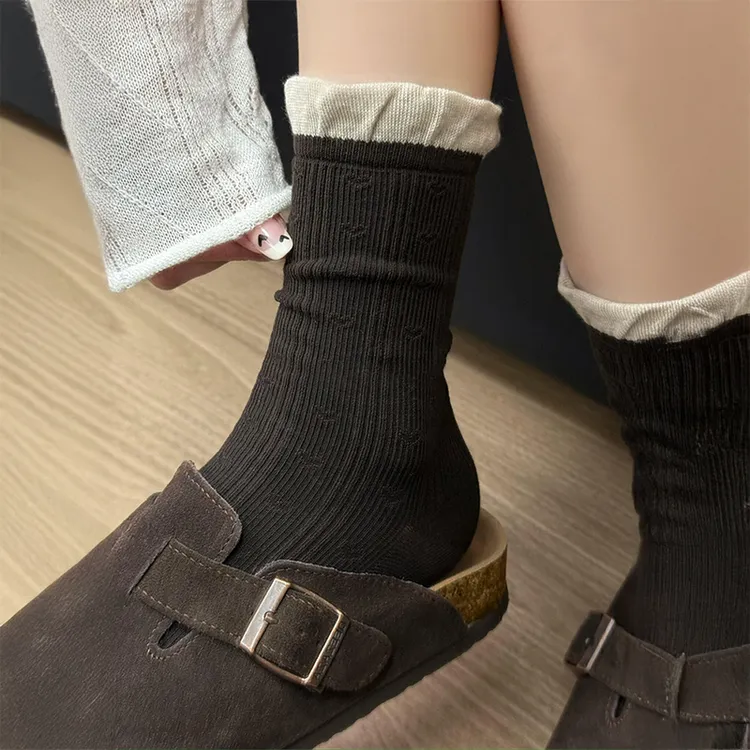 堆堆袜女秋季miu风拼色暗纹爱心中筒袜简约休闲泡泡口无骨中筒袜