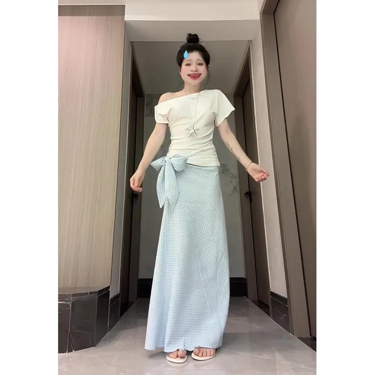 2025夏季新款女法式气质斜肩修身短袖上衣高腰蝴蝶结格纹半身裙