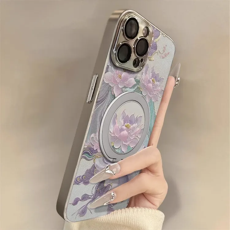 紫梦莲花适用OPPOReno14手机壳Reno13pro防摔小羊皮Findx8s散热女