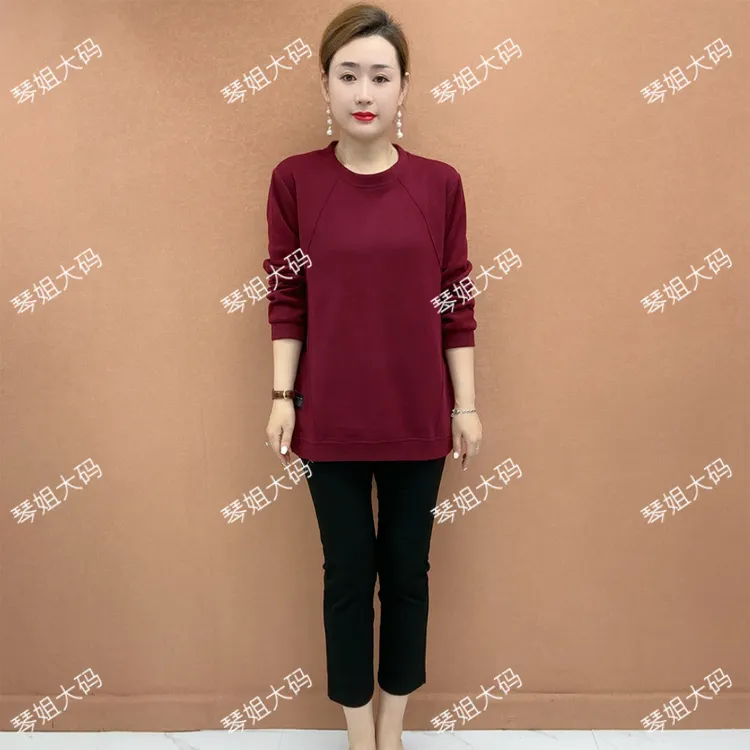 秋冬厚款中老年女装休闲保暖百搭显瘦圆领款宽松卫衣妈妈装纯色XQ