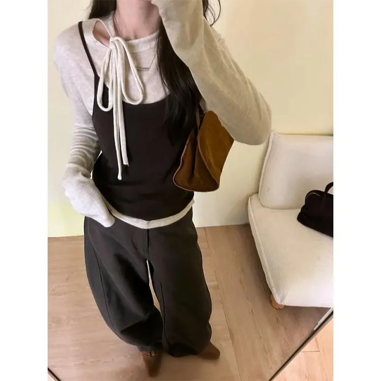 parkyeon秋季新款韩系圆领长袖系带上衣针织吊带百搭高腰阔腿长裤