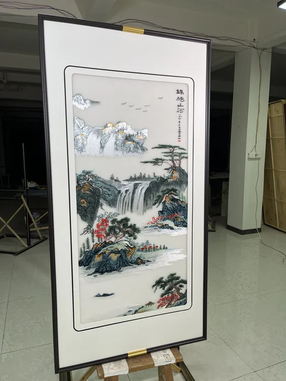 苏绣锦绣山河刺绣荷花装饰画大气客厅入户玄关画挂画