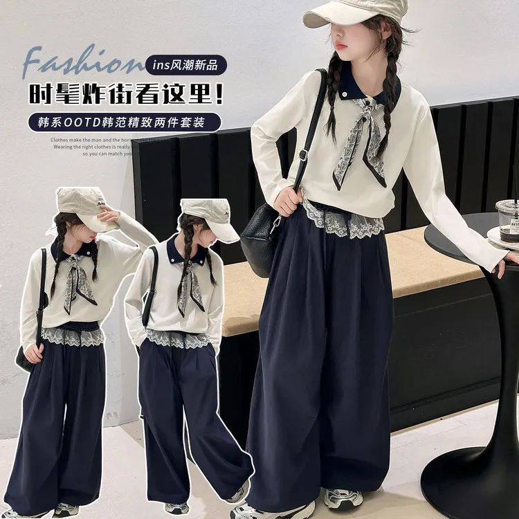 女童丝巾领口T恤蕾丝花边裤腰休闲裤套装韩系学院风风潮宽松洋气