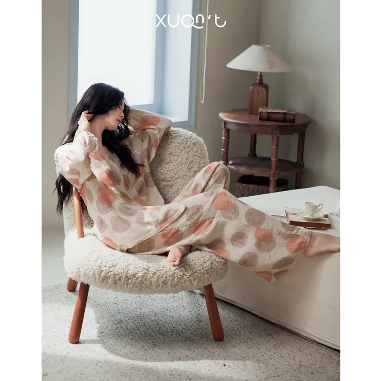 轩之婷春秋款睡衣女竹纤维长袖时尚休闲高级感波点圆领家居服秋季