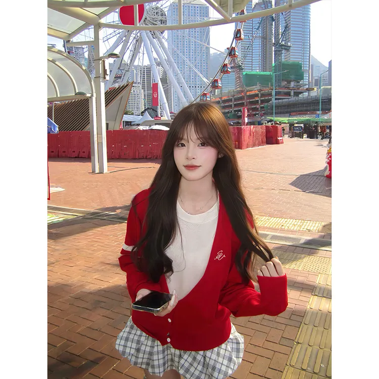 miu系千金风针织开衫外套女秋季假两件红色毛衣修身显瘦软糯上衣