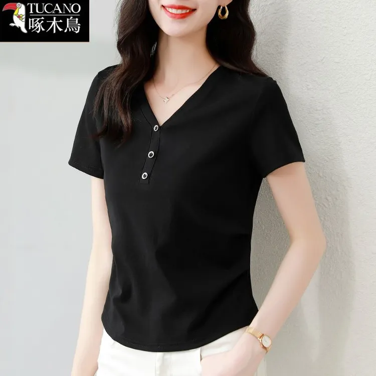 啄木鸟新款修身V领纽扣设计感T恤女2025年夏季薄款短袖百搭上衣潮