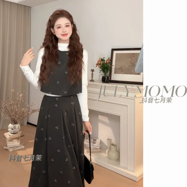 韩系氛围感内搭长袖灰色套装连衣裙秋冬季高级感套装长裙9206