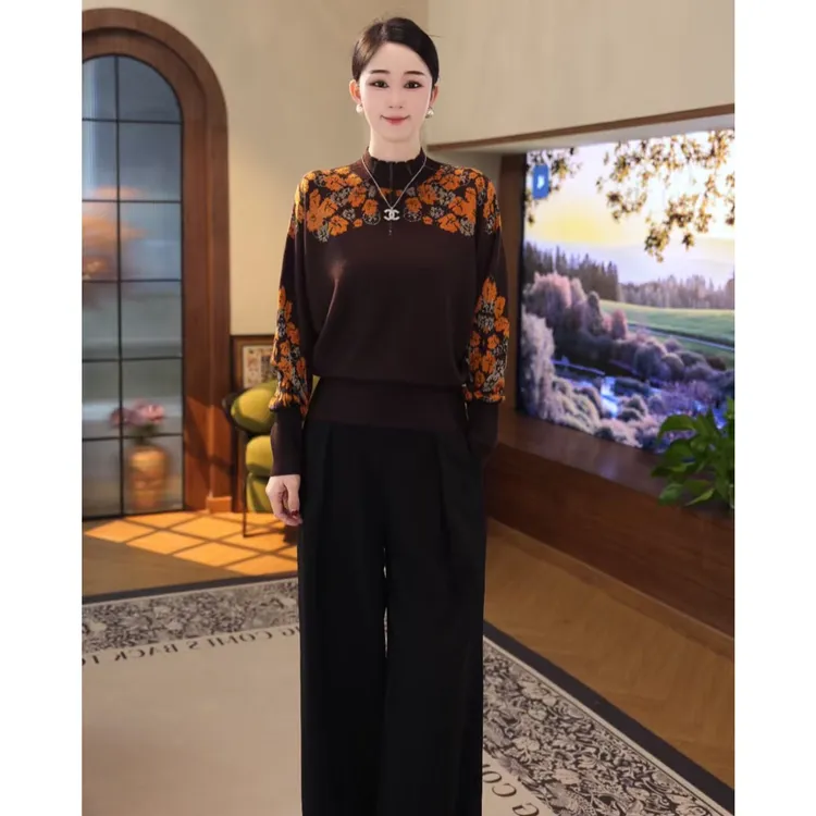 2025秋冬新款【QQ-1264JR】含绵羊毛洋气显瘦长袖咖色优雅针织衫女