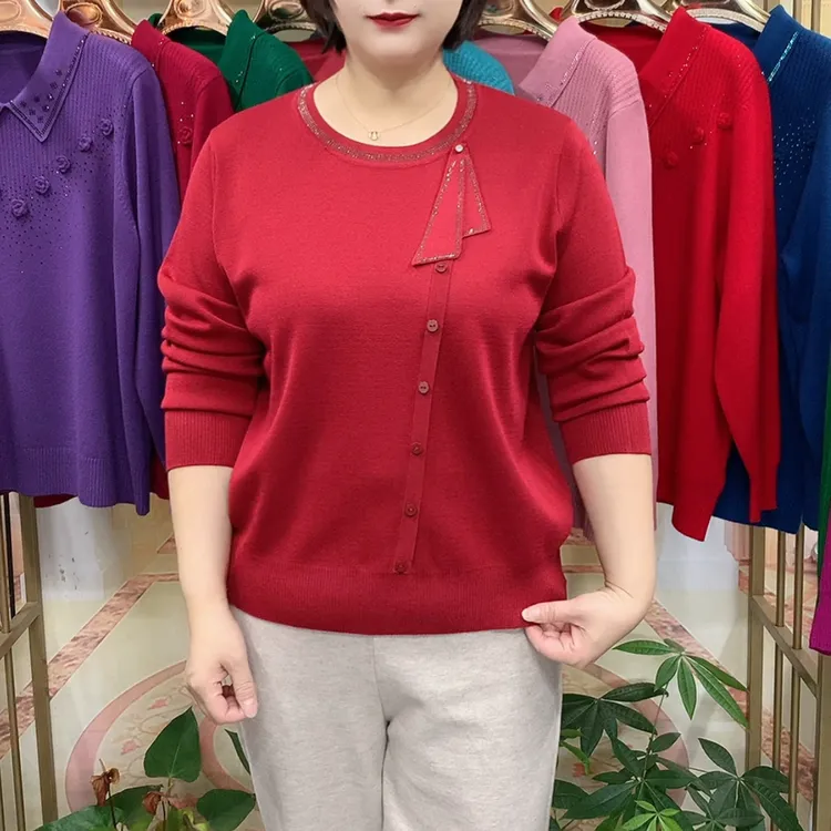秋冬新款圆领针织衫时尚气质中年妈妈装宽松显瘦长袖内搭毛衣