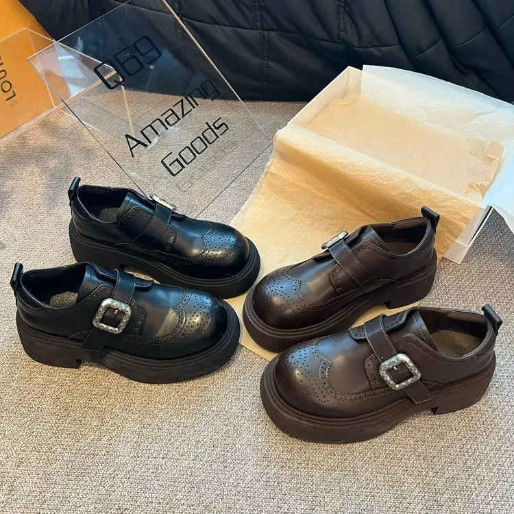 广州欧货【英伦贵族】早春真皮圆头4cm魔术贴英伦厚底洋气乐福鞋