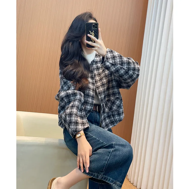 年轻款格子双面羊绒女大衣2025新款短款小个子减龄毛呢棒球服外套