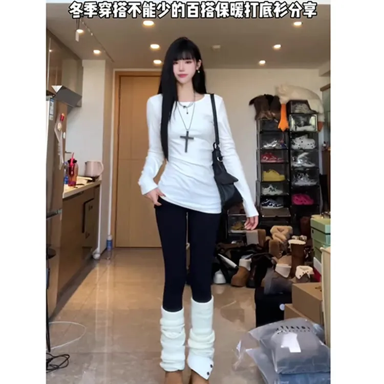 白色内搭打底衫女秋冬外穿大码胖MM遮肚藏肉修身显瘦长袖t恤上衣