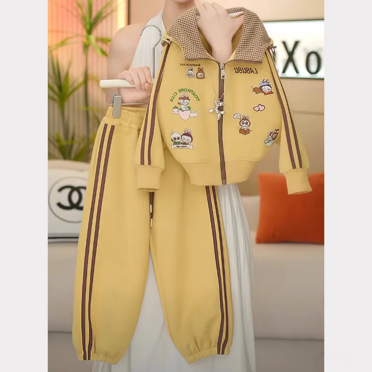 女童格子拼接连帽卫衣卫裤套装春秋2025新款刺绣拉链开衫两件套潮