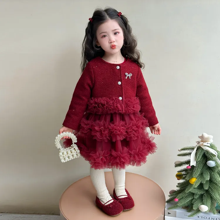 女童小香风裙子加绒套装2025秋冬女宝宝蝴蝶结纱裙两件套儿童
