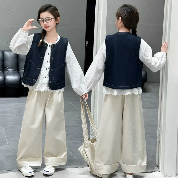 女童秋季2025新款洋气中大童蕾丝边秋装背心提花衬衣马甲三件套装